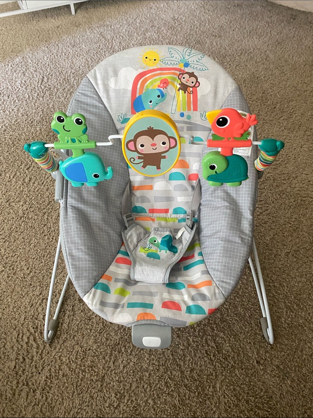 Gray Infant Bouncer Seat with Colorful Animal Toy Bar